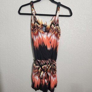 Bisou Bisou Womens S Sleeveless Rayon Tie-Dye Romper Black & Orange